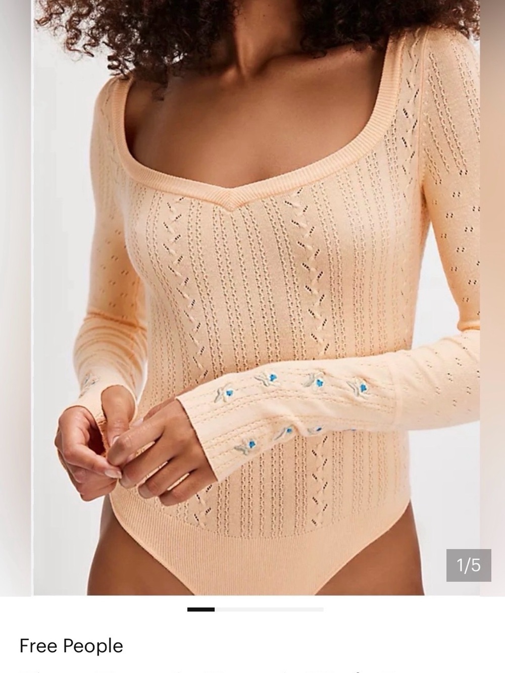 Free People Peach Eyelet Knit Long-Sleeve Bodysuit with Embroidered Cuffs